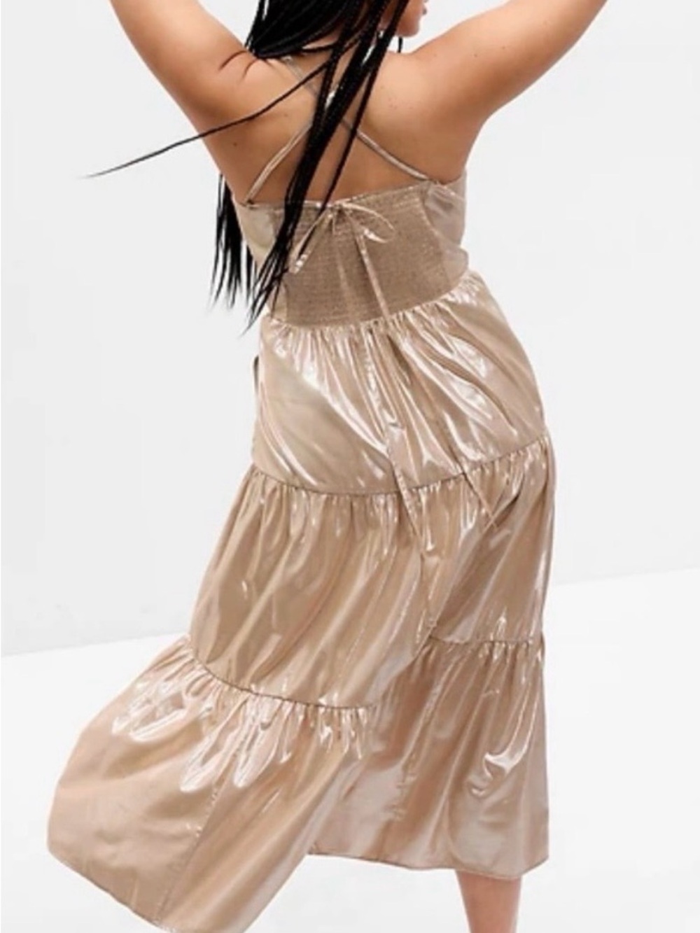 GAP Shimmer Halter Tie Back Tiered Maxi Dress in Shimmery Beige - Picture 2 of 5
